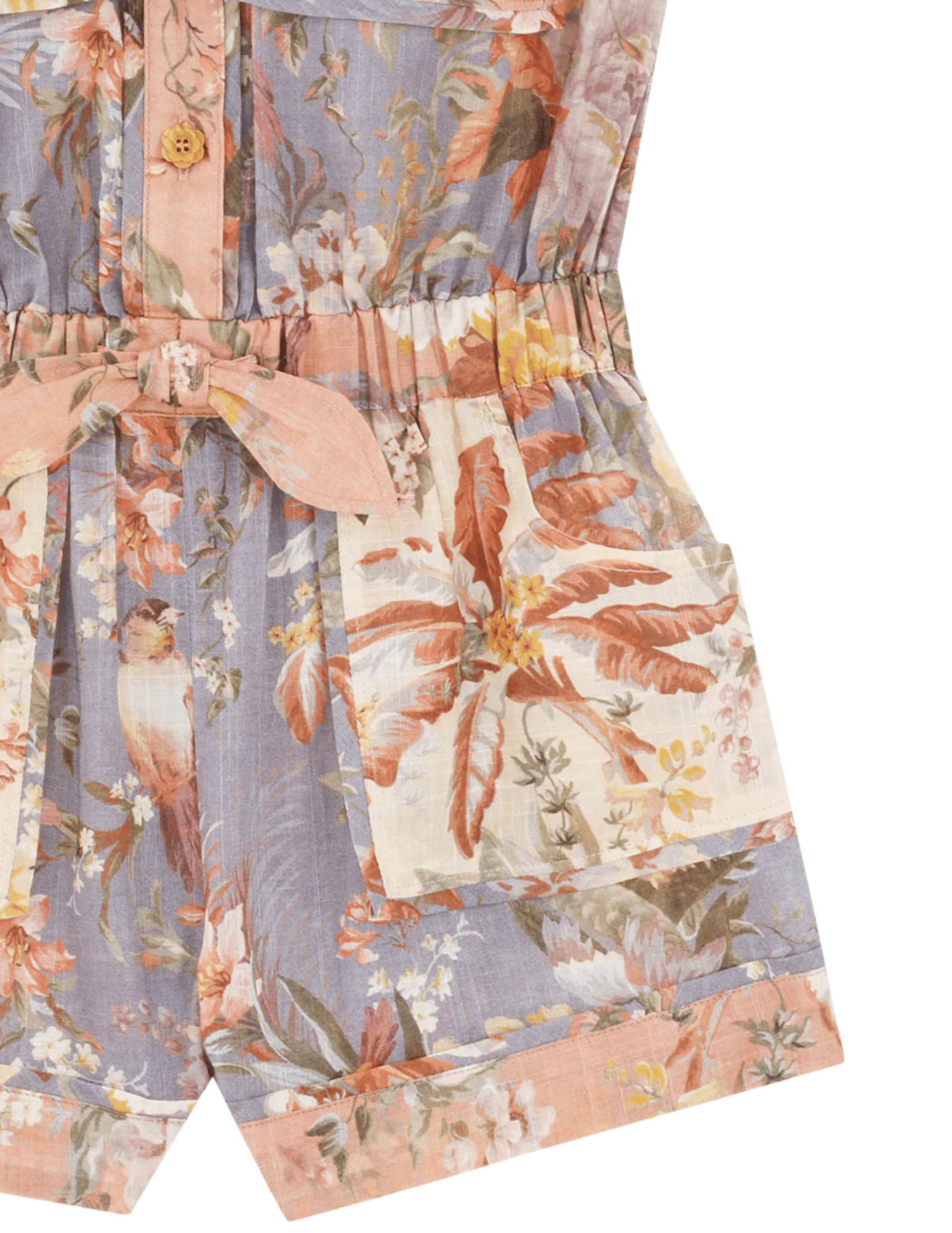 Zimmermann Tallow Kid's Pocket Playsuit patch pockets and bow detail in Spliced print