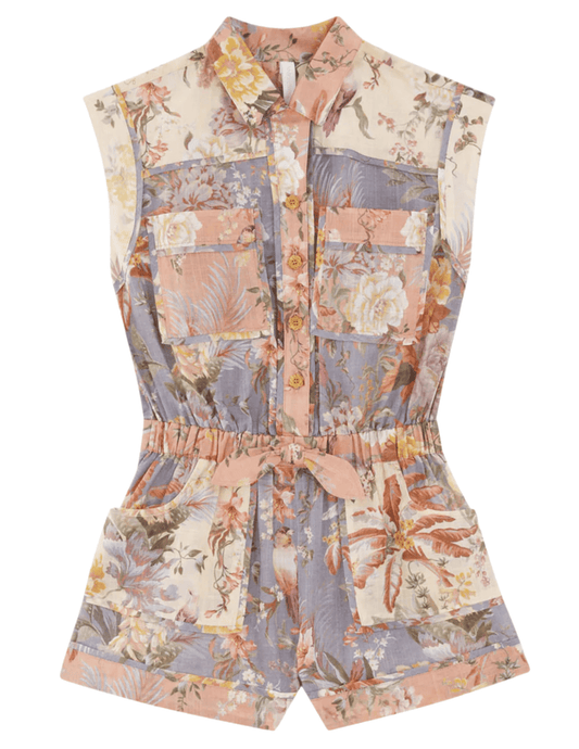 Zimmermann Tallow Kid's Pocket Playsuit in Spliced with button front and elastic waist