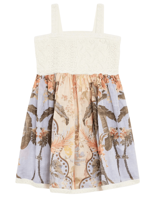 Zimmermann Wylie Kid's Knit Top Dress in Ivory Multi with knit bodice and printed skirt