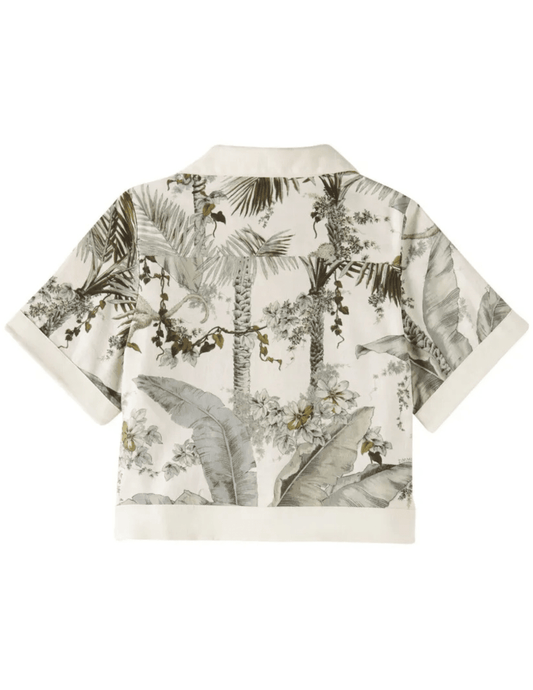 Back view of Zimmermann Wylie Kid's Relaxed Shirt – palm print cotton top
