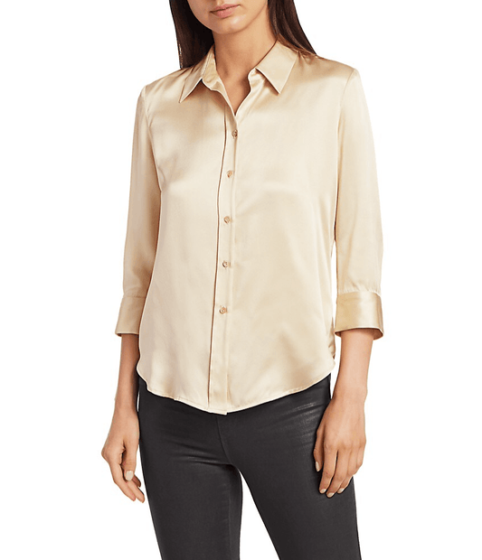 Front view L’AGENCE Dani Three Quarter Sleeve Blouse in Champagne