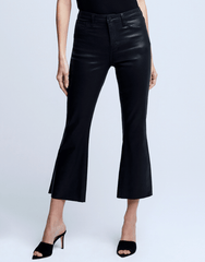 Model wearing L’AGENCE Kendra High Rise Cropped Coated Jean in Noir Coated, front view.