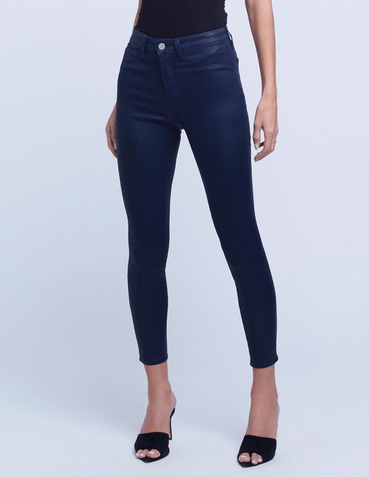 Model wearing L’Agence Margot High-Rise Coated Jeans Navy – high rise coated denim skinny fit